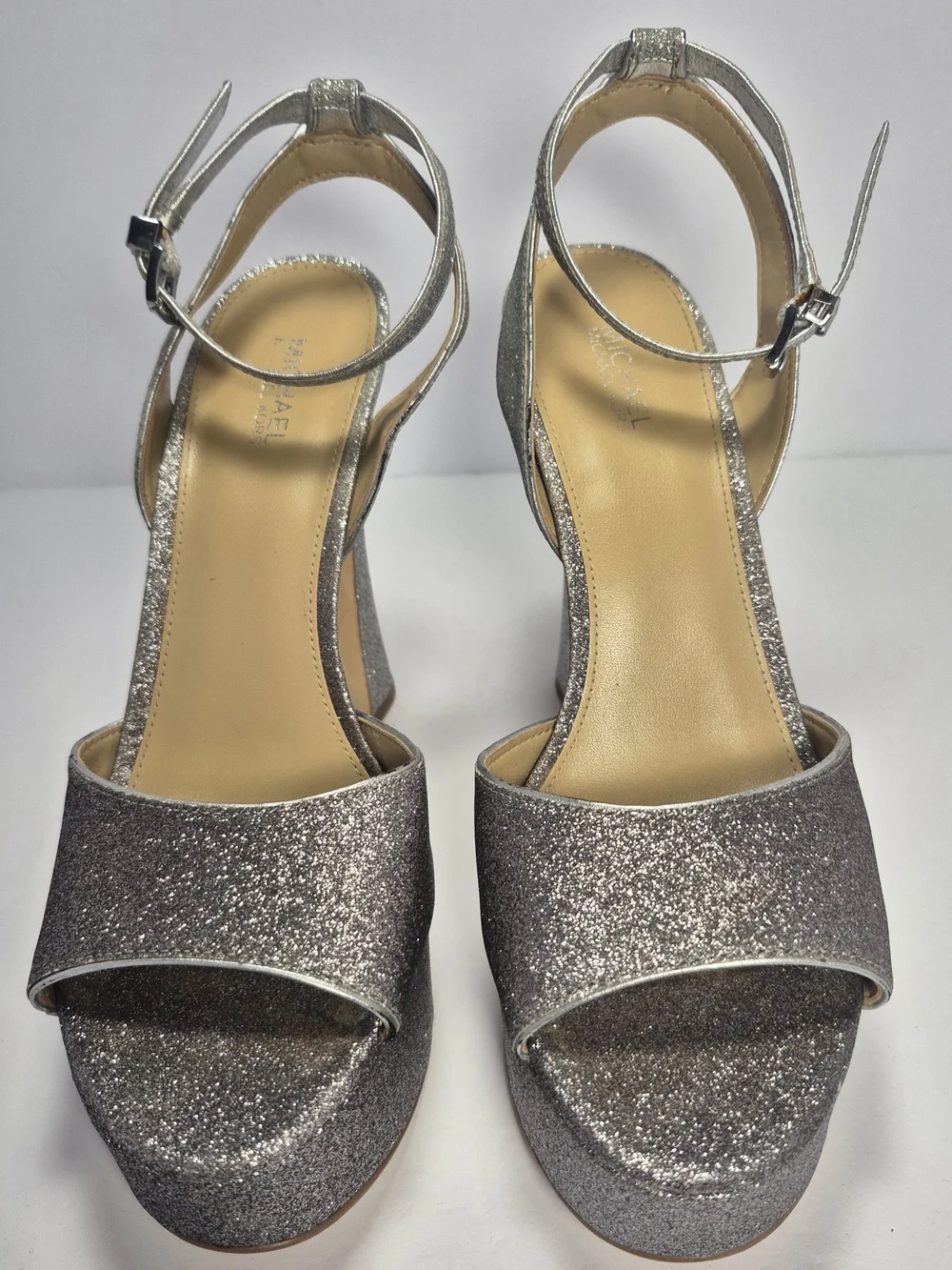 Michael Kors Silver Glitter Chunky Platform Sandals Ankle Strap Buckle Closure